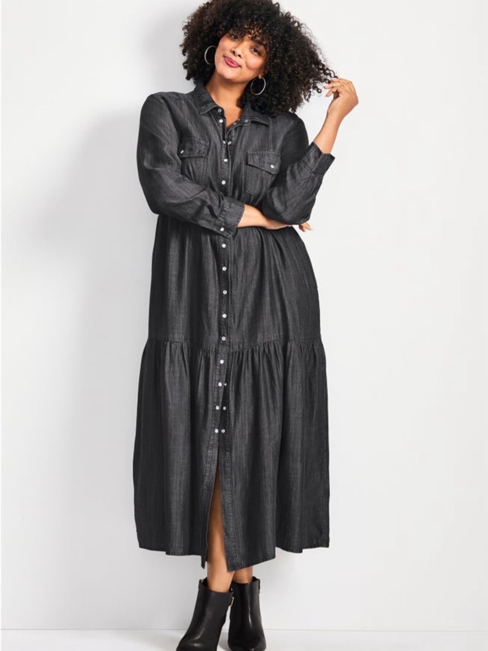 Avenue Women's Plus Size Denim Tiered Shirtdress New 16